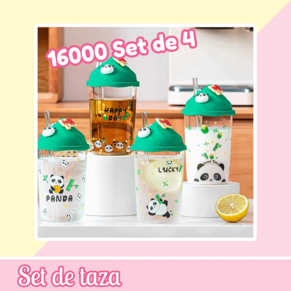 Set Taza Vidrio Panda Tapa Verde